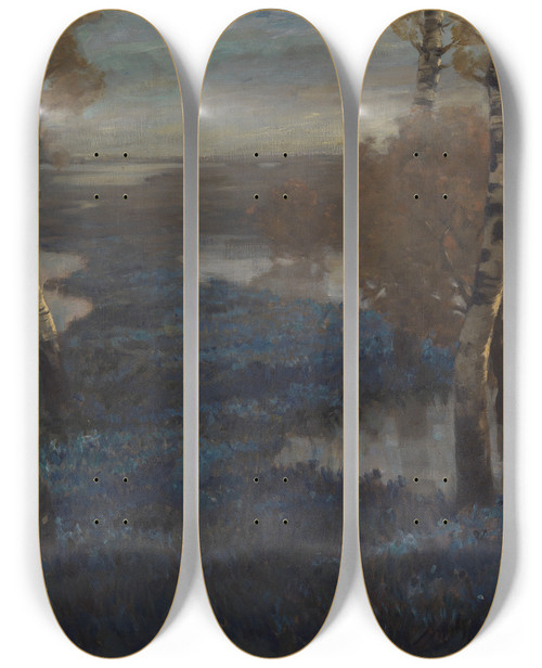 Triptych art skateboard deck of Ludwig Dill Berschwemmte Salbeifelder In Der Po Ebene by Ludwig Dill (1848-1940)