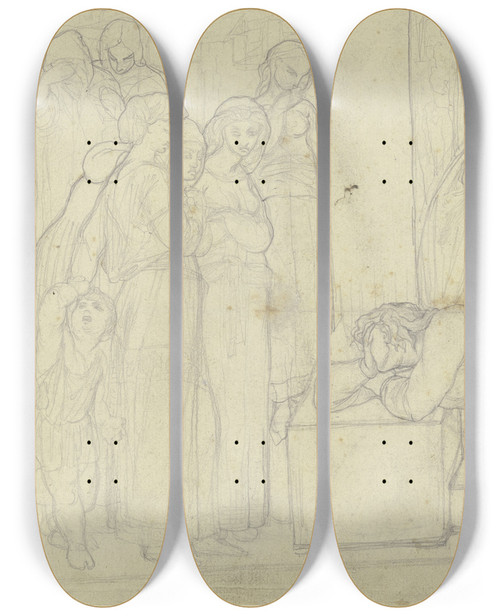 Triptych art skateboard deck of Victor Mller Ein Junger Mann Den Kopf Verzweifelt In Die Hand Gesttzt Liegt Auf Den Stufen Einer Treppe Um Ihn Herum Trauernde Frauen by Victor Muller (1829-1871)