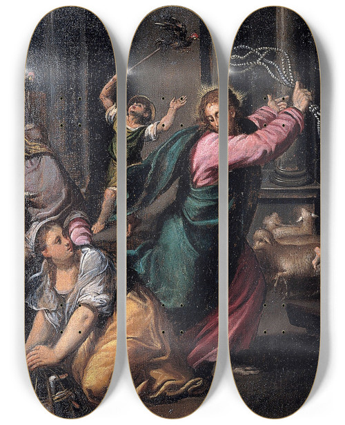 Triptych art skateboard deck of Scarsellino Driving Of The Merchants From The Temple by Scarsellino (1550-1620)