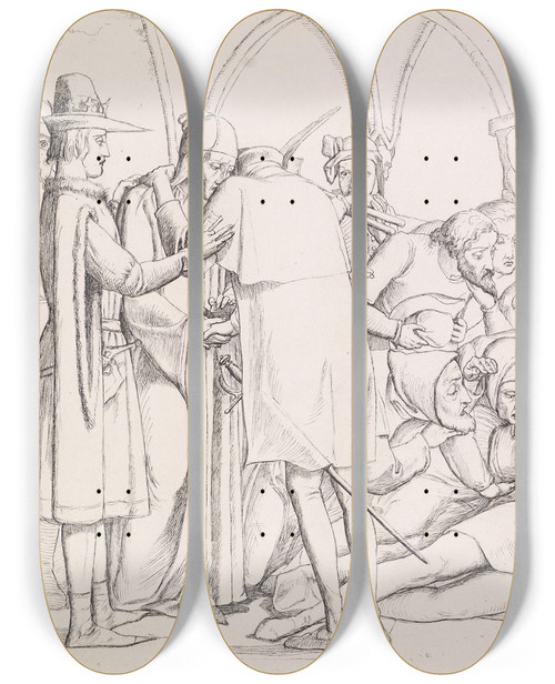 Triptych art skateboard deck of Sir John Everett Millais The Death Of Romeo And Juliet Compositional Study by Sir John Everett Millais (1829-1896)