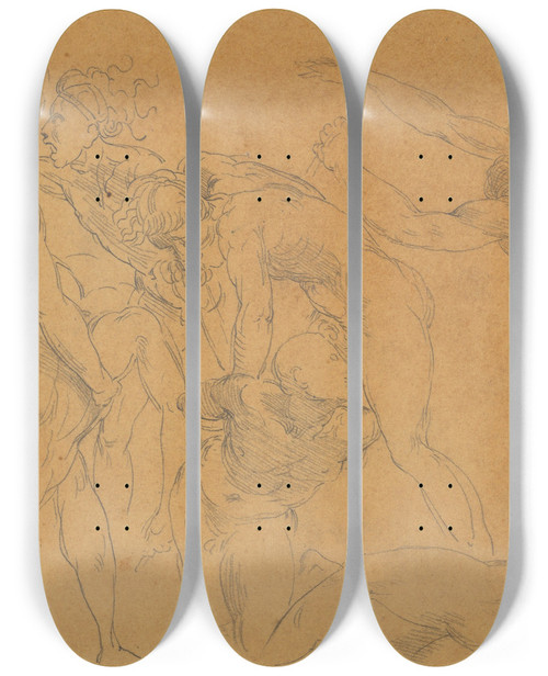 Triptych art skateboard deck of Eugne Delacroix Battle Scene With A Prisoner Being Bound After Raphael by Eugene Delacroix (1798-1863)