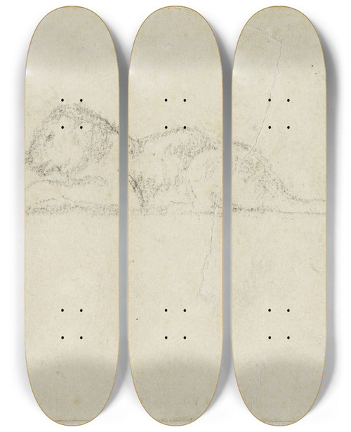 Triptych art skateboard deck of Antoinelouis Barye Seated Lioness by Antoine-Louis Barye (1796-1875)
