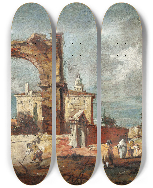 Triptych art skateboard deck of Francesco Guardi Capriccio With A Ruinous Arch And A Villa In The Background by Francesco Guardi (1712-1793)