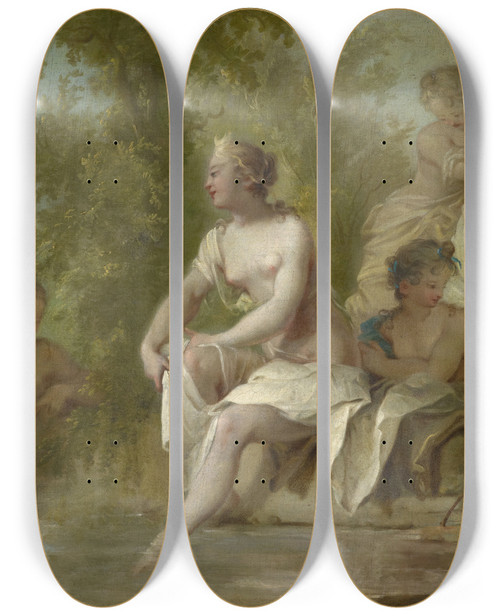 Triptych art skateboard deck of Johann Heinrich Keller The Bath Of Diana by Johann Heinrich Keller (1692-1765)