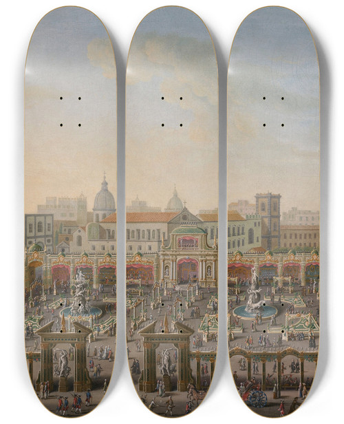 Triptych art skateboard deck of Antonio Joli Naples Piazza Trieste E Trento With A Fair Viewed From A Balcony Of The Palazzo Reale by Antonio Joli (1700-1777)