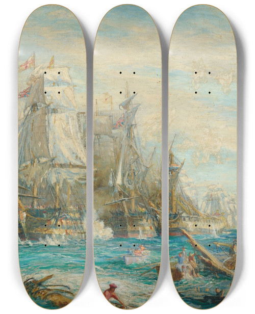 Triptych art skateboard deck of William Lionel Wyllie Study For The Battle Of Trafalgar 21 October 1805 by William Lionel Wyllie (1851-1931)
