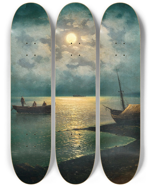 Triptych art skateboard deck of Grigori Ivanovitch Kapustin A Moonlit Night On The Shore by Grigori Ivanovitch Kapustin (1865-1925)