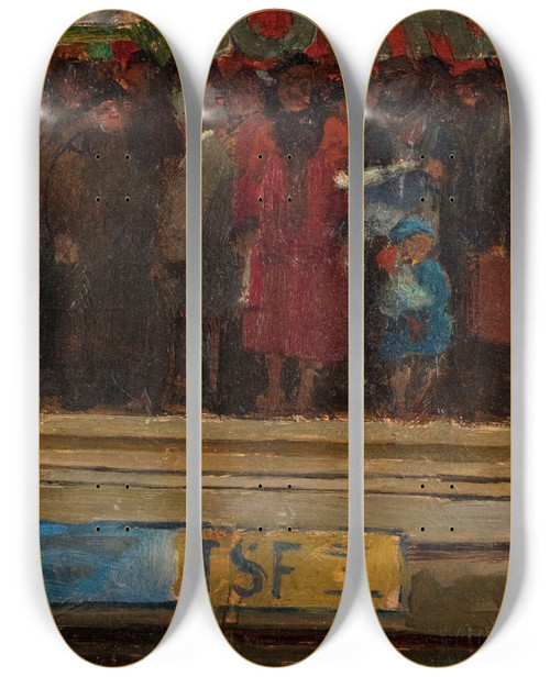 Triptych art skateboard deck of Andr Victor Douard Devambez Lheure De Pointe Dans Le Mtro by Andr Victor douard Devambez (1867-1943)
