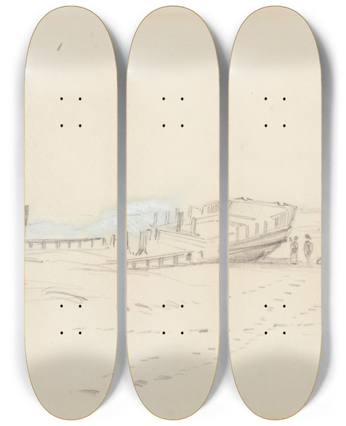 Triptych art skateboard deck of Nicholas Chevalier The Montezuma On The Beach Near Hokitika by Nicholas Chevalier (1828-1902)