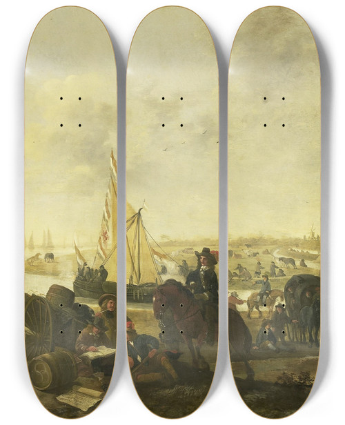 Triptych art skateboard deck of Hendrick De Meijer The Siege And Capture Of The City Of Hulst From The Spaniards November 5 1645 by Hendrik Meijer (1620-1689)