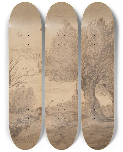 Triptych art skateboard deck of Jan Lievens Landscape With A Shepherd And His Flock by Jan Lievens (1607-1674)