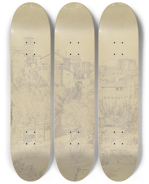 Triptych art skateboard deck of Johann Heinrich Hasselhorst Das Forum Boarium In Rom by Johann Heinrich Hasselhorst (1825-1904)