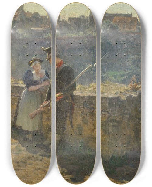 Triptych art skateboard deck of Robert Ptzelberger Friede Im Lande Schildwache In Unterhaltung Mit Einer Frau Die Ein Kind Auf Den Armen Trgt by Robert Potzelberger (1856-1930)