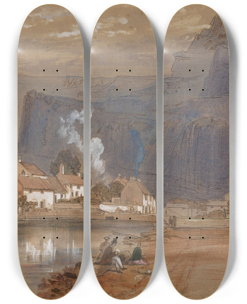 Triptych art skateboard deck of Edward Lear Cheddar Cliffs Somerset by Edward Lear (1812-1888)
