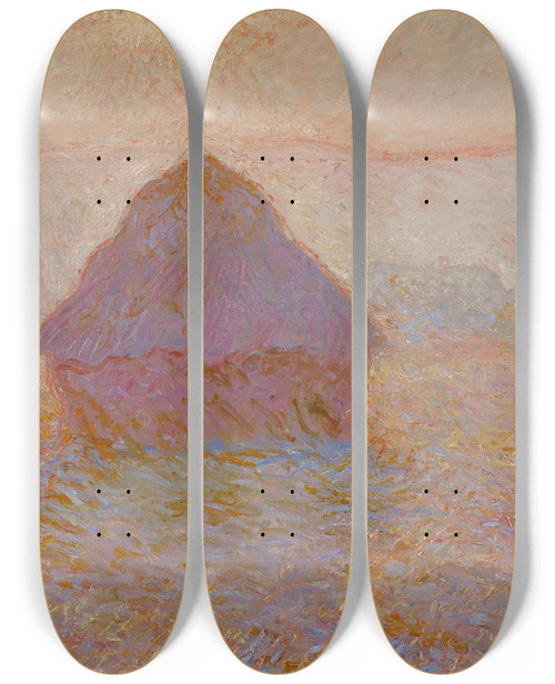 Triptych art skateboard deck of Claude Monet Grainstacksun In The Mist by Claude Monet (1840-1926)