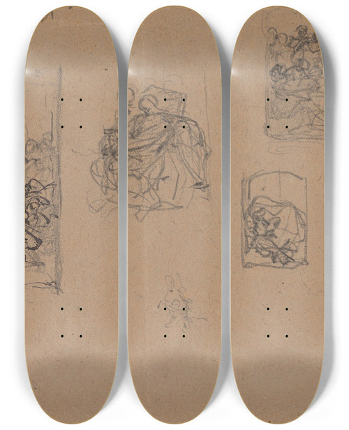 Triptych art skateboard deck of Nicaise De Keyser Various Studies Spain by Nicaise De Keyser (1813-1887)