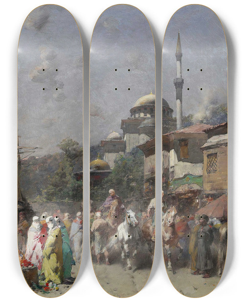 Triptych art skateboard deck of Alberto Pasini Marketplace On The Bosporus Constantinople And The New Mosque Beyond by Alberto Pasini (1826-1899)