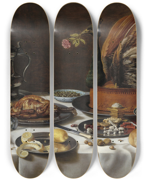 Triptych art skateboard deck of Pieter Claesz Still Life With Peacock Pie by Pieter Claesz (1596-1660)