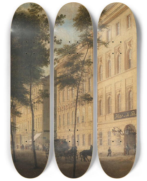 Triptych art skateboard deck of Eduard Gaertner Blick In Die Strae Unter Den Linden Ecke Charlottenstrae Mit Dem Htel De St Petersbourg by Eduard Gaertner (1801-1877)