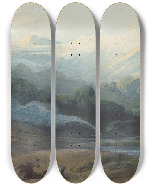 Triptych art skateboard deck of George Chinnery Cattle Resting In A Mountainous Landscape by George Chinnery (1774-1852)