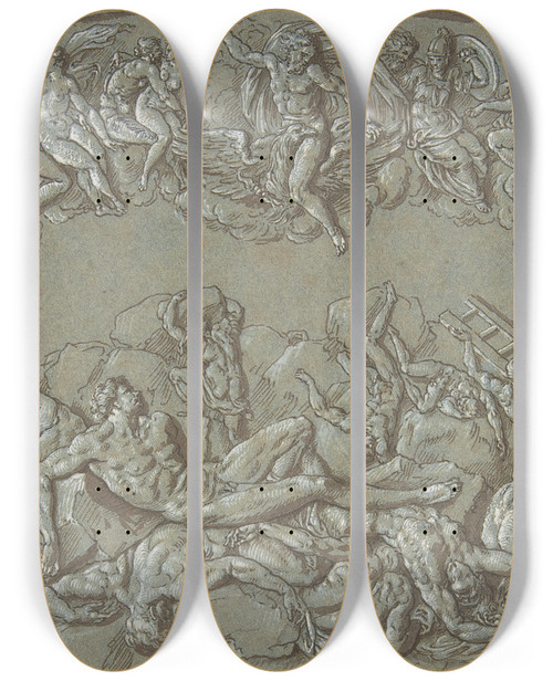 Triptych art skateboard deck of Circle Of Bernard Picart Fall Of The Giants by Circle Of Bernard Picart (1673-1733)