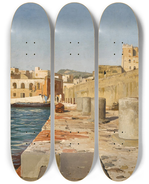 Triptych art skateboard deck of Vladmir Donatovitch Orlovsky View Of The Port At Pozzuoli by Vladmir Donatovitch Orlovsky (1842-1914)