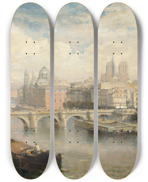 Triptych art skateboard deck of Arthur Joseph Meadows A View Of The Pont Neuf Paris With Notredame Beyond by Arthur Joseph Meadows (1843-1907)