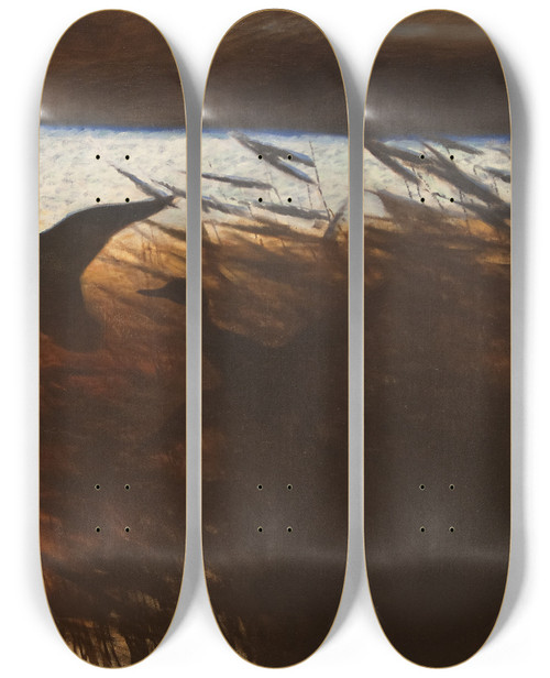 Triptych art skateboard deck of Bruno Liljefors Summer Night Ducks Lifting Off by Bruno Liljefors (1860-1939)