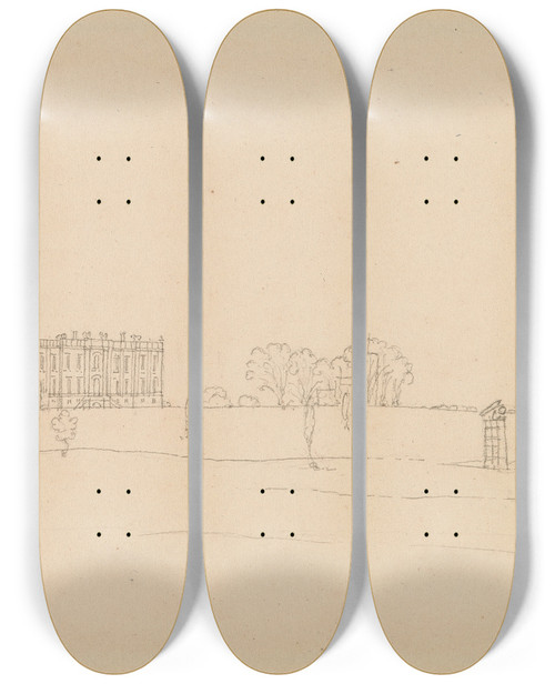 Triptych art skateboard deck of Edward Francis Burney Distant View Of Easton Neston Northants by Edward Francis Burney (1760-1848)