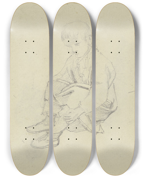 Triptych art skateboard deck of Jakob Becker Studienblatt Ein Sitzender Junge Und Ein Sitzender Mann by Jakob Becker (1810-1872)