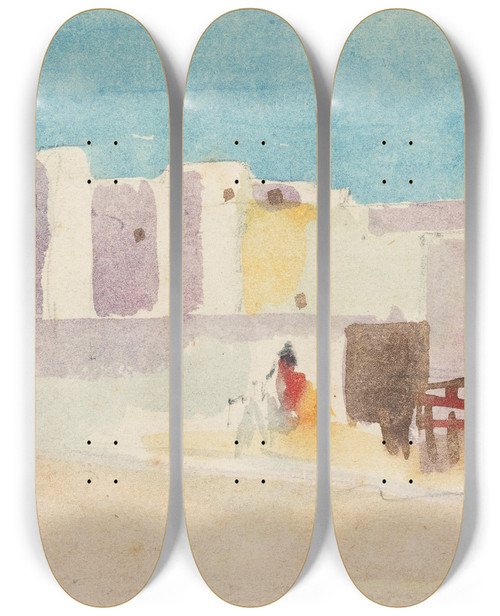 Triptych art skateboard deck of Hercules Brabazon Brabazon Walls Of A North African City by Hercules Brabazon Brabazon (1821-1906)