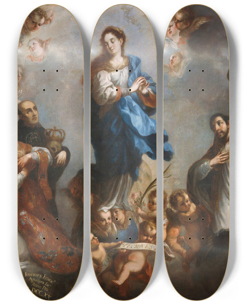 Triptych art skateboard deck of Juan Francisco De Aguilera The Inmaculate Conception With Jesuits by Juan Francisco De Aguilera (18-)
