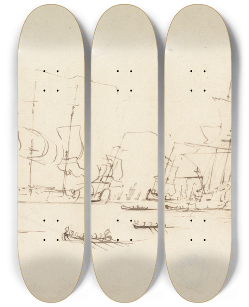 Triptych art skateboard deck of Peter Monamy A Squadron At Anchor by Peter Monamy (1681-1749)