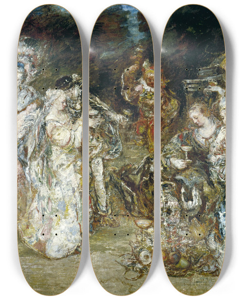 Triptych art skateboard deck of Adolphe Monticelli Runion Dans Un Parc Au Temps Des Valois by Adolphe Monticelli (1824-1886)