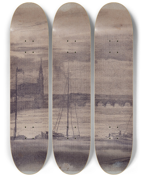 Triptych art skateboard deck of Johan Christian Dahl Dresden In The Moonlight by Johan Christian Dahl (1788-1857)