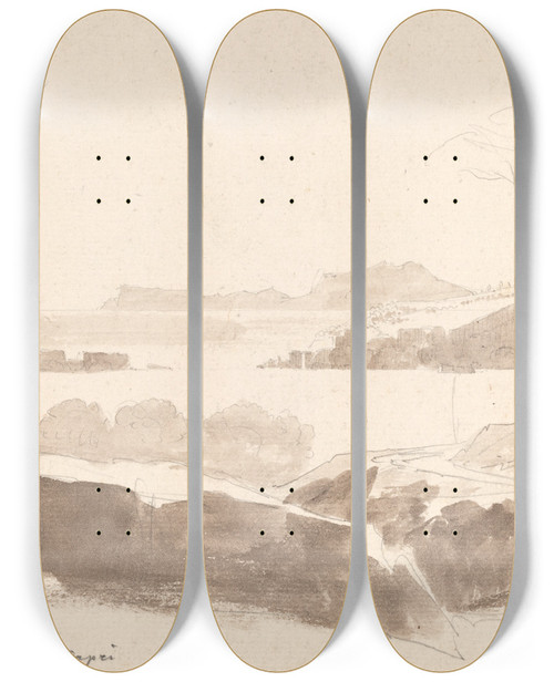 Triptych art skateboard deck of Friedrich Salath View Of The Islands Of Nisida And Capri by Friedrich Salathe (1793-1860)