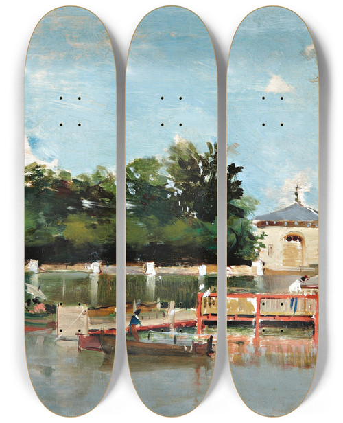 Triptych art skateboard deck of Joaqun Sorolla Vista Del Embarcadero Del Parque Del Retiro View Of The Jetty In The Retiro Gardens Madrid by Joaquin Sorolla (1863-1923)