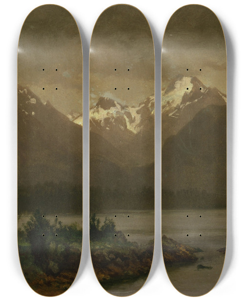 Triptych art skateboard deck of Albert Bierstadt Untitled Mountains And Lake by Albert Bierstadt (1830-1902)