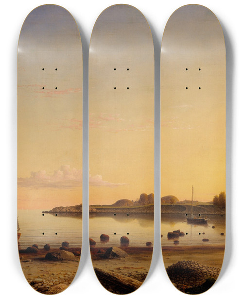 Triptych art skateboard deck of Fitz Henry Lane Stage Fort Across Gloucester Harbor by Fitz Henry Lane (1804-1865)