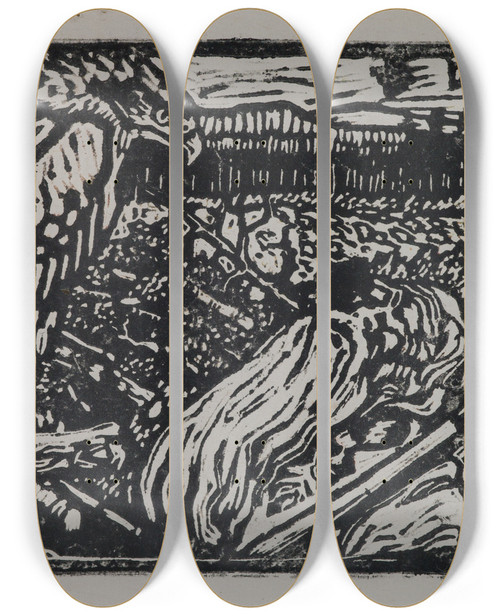 Triptych art skateboard deck of Akseli Gallenkallela The Great Kalevala Vinminen And The Eagle A Woodcut Print by Akseli Gallen Kallela (1865-1931)