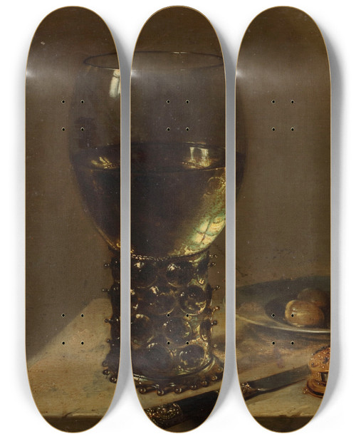Triptych art skateboard deck of Willem Claesz Heda A Large Roemer A Silver Knife A Gold Pocket Watch With Blue Ribbon A Pewter Plate With A Peeled Lemon With Other Objects On A Ledge by Willem Claesz Heda (1594-1680)