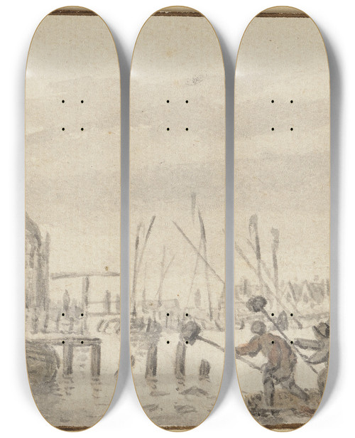 Triptych art skateboard deck of Pieter Coopse Winterlandschaft Vier Mnner Hauen Das Eis Auf by Pieter Coopse (1640-1673)
