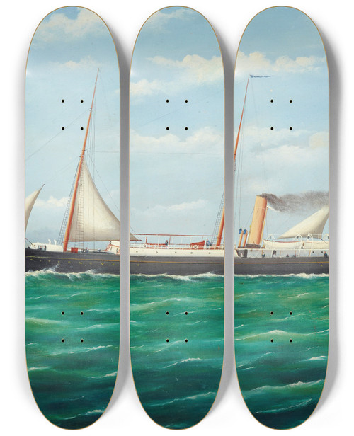 Triptych art skateboard deck of Frank Barnes Nzg Ss Hinemoa Off The Kaikouras Nz by Frank Barnes