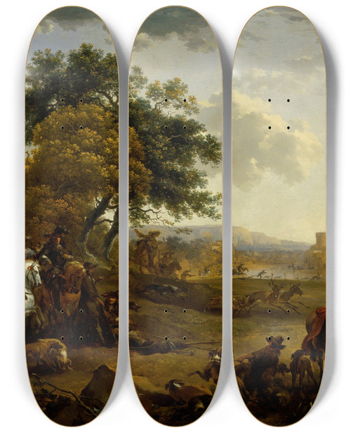 Triptych art skateboard deck of Nicolaes Pietersz Berchem Landscape With A Hunting Party by Nicolaes Pietersz Berchem (1620-1683)