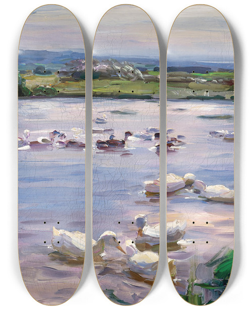 Triptych art skateboard deck of Alexander Koester Ducks On The Lakeside by Alexander Koester (1864-1932)