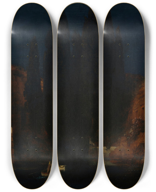 Triptych art skateboard deck of Arnold Bcklin Island Of The Dead by Arnold Bocklin (1827-1901)