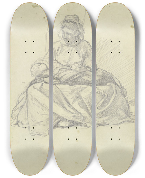 Triptych art skateboard deck of Jakob Becker Studienblatt Mutter Mit Kind by Jakob Becker (1810-1872)