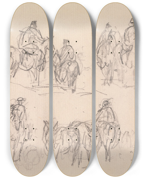 Triptych art skateboard deck of Sawrey Gilpin Studies Of Figures On Horses Cattle At Lower Left by Sawrey Gilpin (1733-1807)