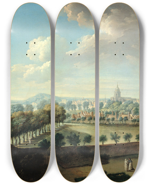 Triptych art skateboard deck of Nicolas Jeanbaptiste Raguenet Lenclos Des Chartreux Rue Denfer by Nicolas Jean-Baptiste Raguenet (1715-1793)