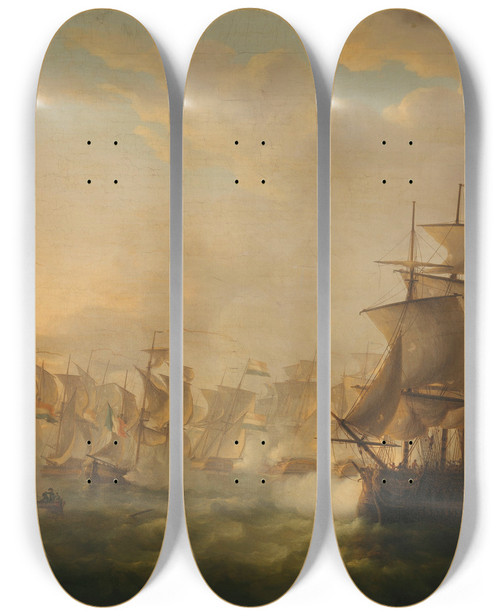 Triptych art skateboard deck of Martinus Schouman Clash Of The Dutch And British Fleets During The Passage Of The Dutch Flotilla To Boulogne 1804 by Martinus Schouman (1770-1848)